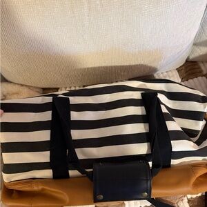 DSW Black and White Striped Tote/Duffle bag with Tan Base